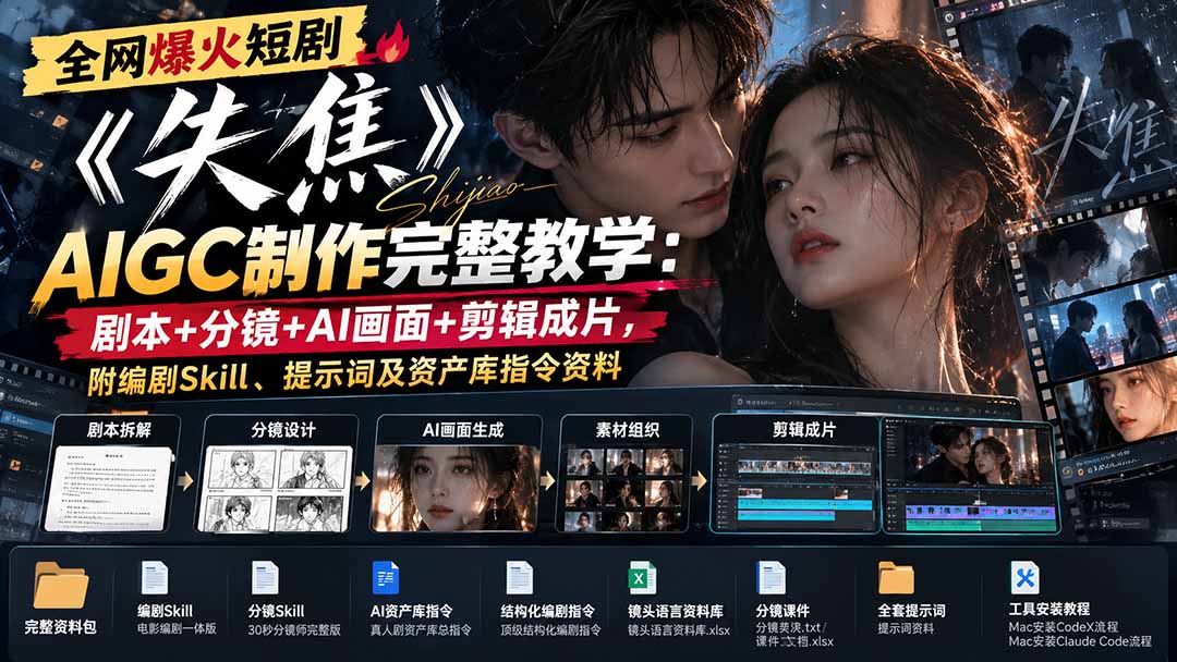 全网爆火短剧《失焦》AIGC制作完整教学：剧本+分镜+AI画面+剪辑成片，附编剧Skill、提示词及资产库指令资料-我爱发帖