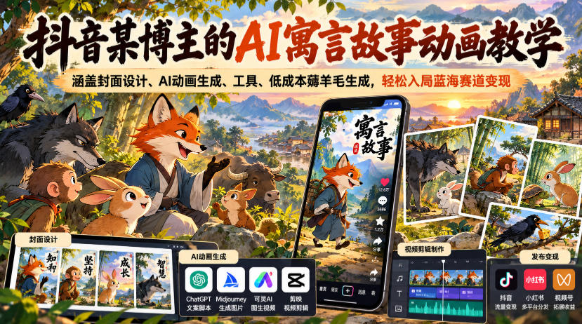 抖音某博主的AI寓言故事动画教学，涵盖封面设计、AI动画生成、工具、低成本薅羊毛生成，轻松入局蓝海赛道变现｜焦圣希 18818568866