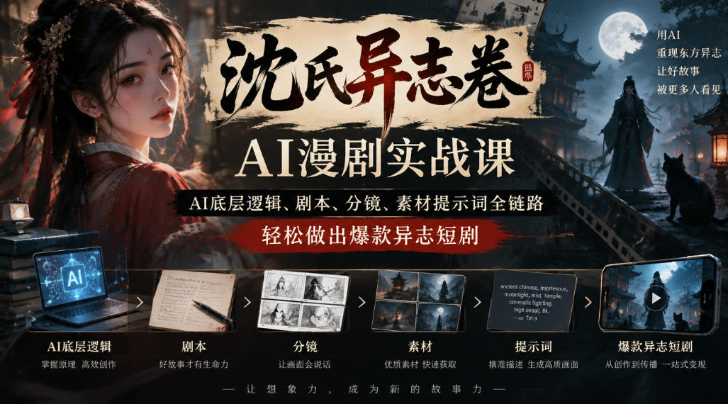 沈氏异志卷AI漫剧实战课｜AI底层逻辑、剧本、分镜、素材提示词全链路，轻松做出爆款异志短剧-吾爱自习网