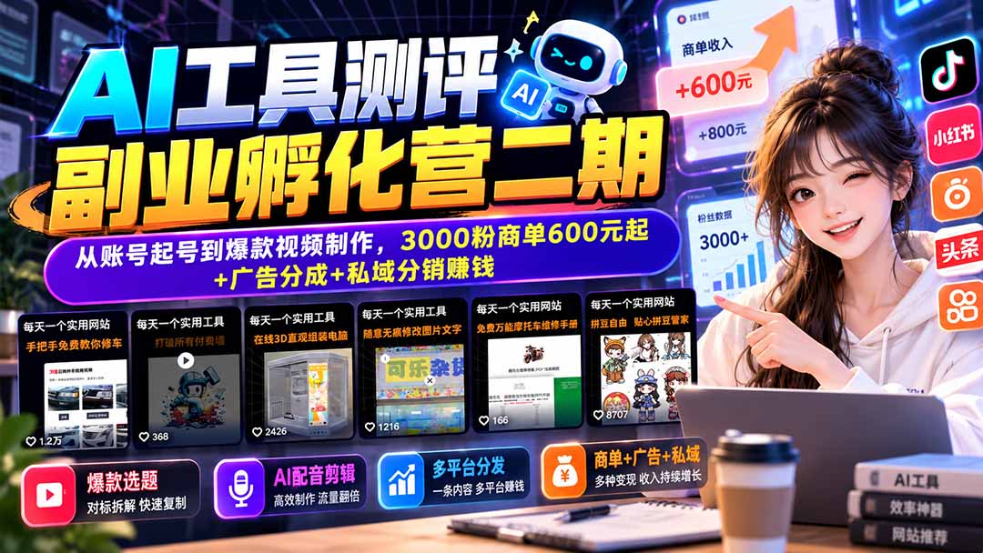 AI工具测评副业孵化营二期：从账号起号到爆款视频制作，3000粉商单600元起+广告分成+私域分销赚钱-我爱发帖