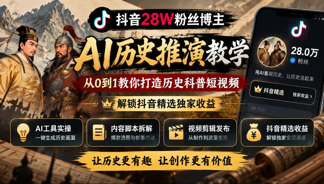 抖音28W粉丝博主的AI历史推演教学，从0到1教你打造历史科普短视频，解锁抖音精选独家收益｜焦圣希 18818568866