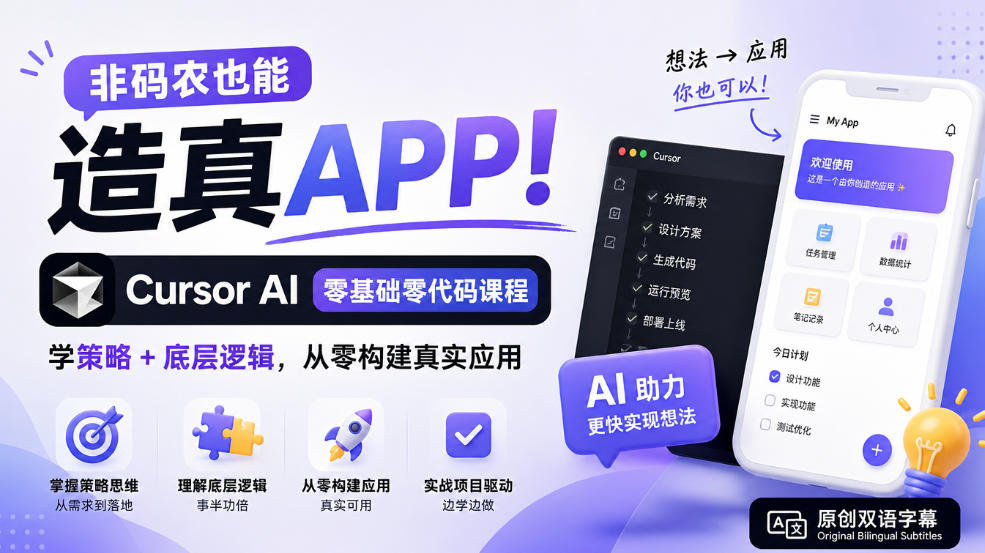 非码农也能造真APP！Cursor AI零基础零代码课程：学策略+底层逻辑，从零构建真实应用【原创双语字幕】｜焦圣希 18818568866