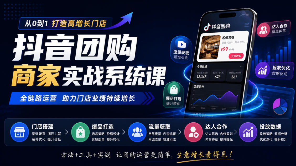 抖音团购商家实战系统课｜门店搭建、爆品打造、流量获取、达人合作、投放数据全链路运营｜焦圣希 18818568866