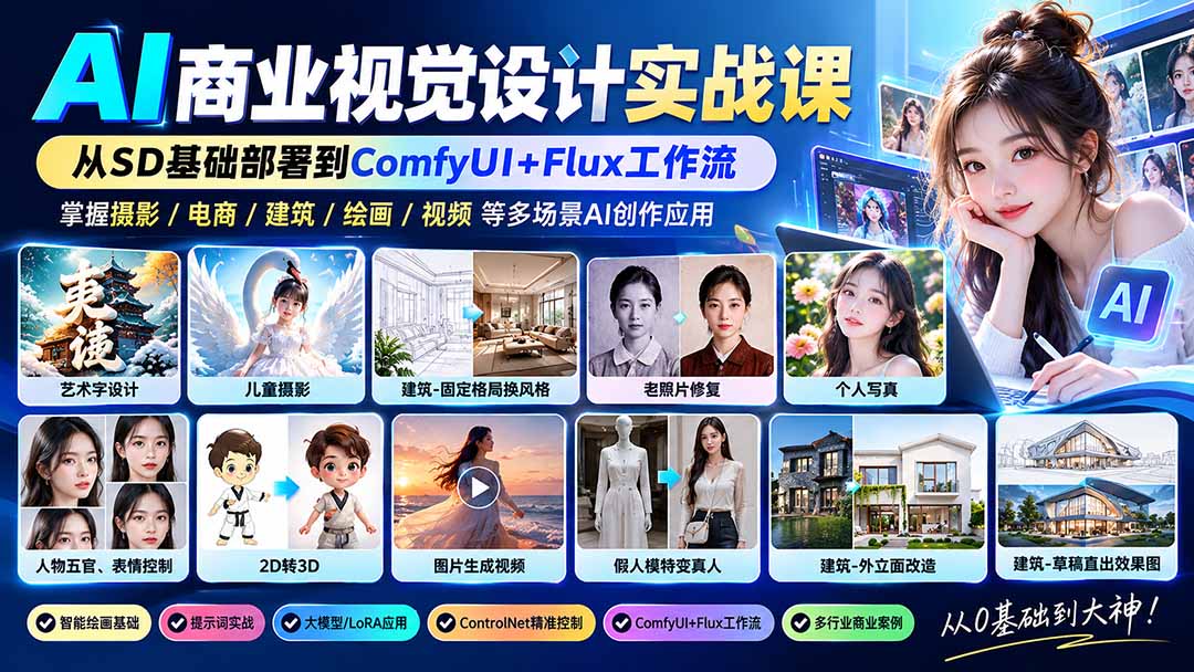 【无水印】AI商业视觉设计实战课：从SD基础部署到ComfyUI+Flux工作流，掌握摄影电商建筑AI创作-我爱发帖