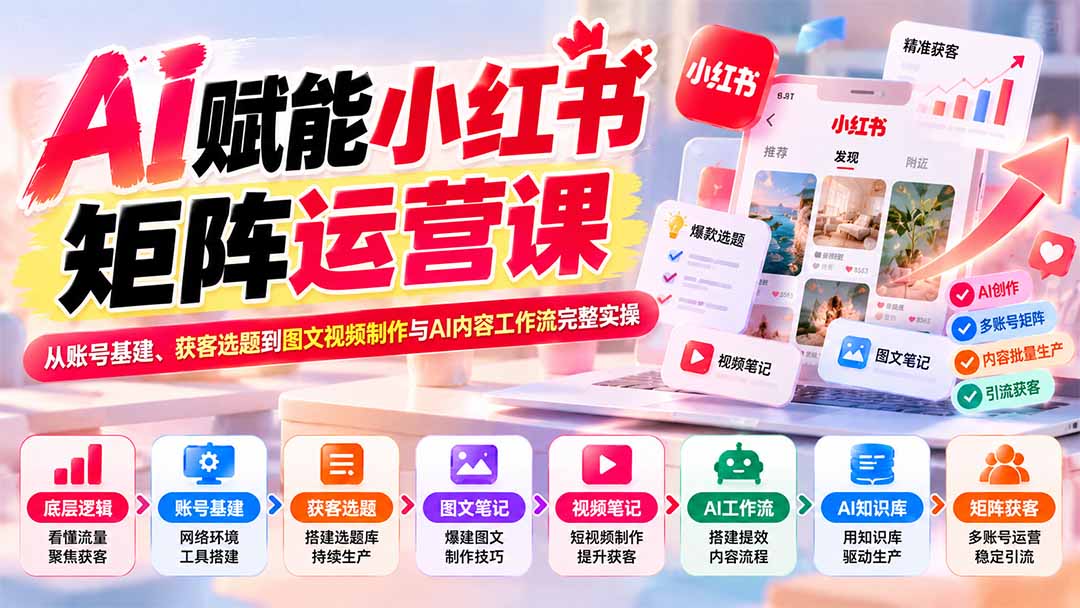 AI赋能小红书矩阵运营课：从账号基建、获客选题到图文视频制作与AI内容工作流完整实操-我爱发帖
