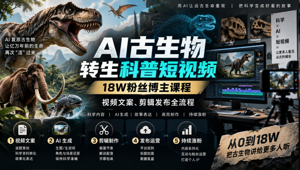 AI古生物转生科普短视频,18W粉丝博主课程,视频文案、剪辑发布全流程-我爱发帖