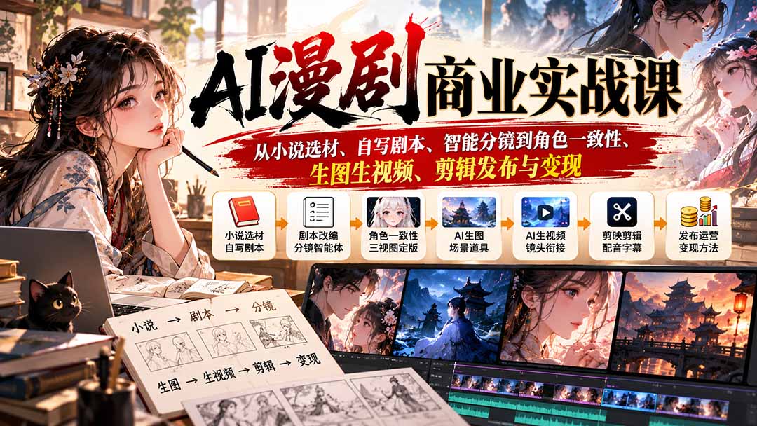 AI漫剧商业实战课:从小说选材、自写剧本、智能分镜到角色一致性、生图生视频、剪辑发布与变现-我爱发帖