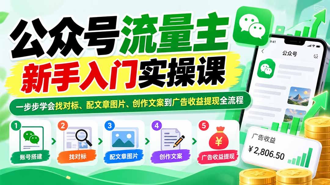 公众号流量主新手入门实操课：一步步学会找对标、配文章图片、创作文案到广告收益提现全流程-我爱发帖