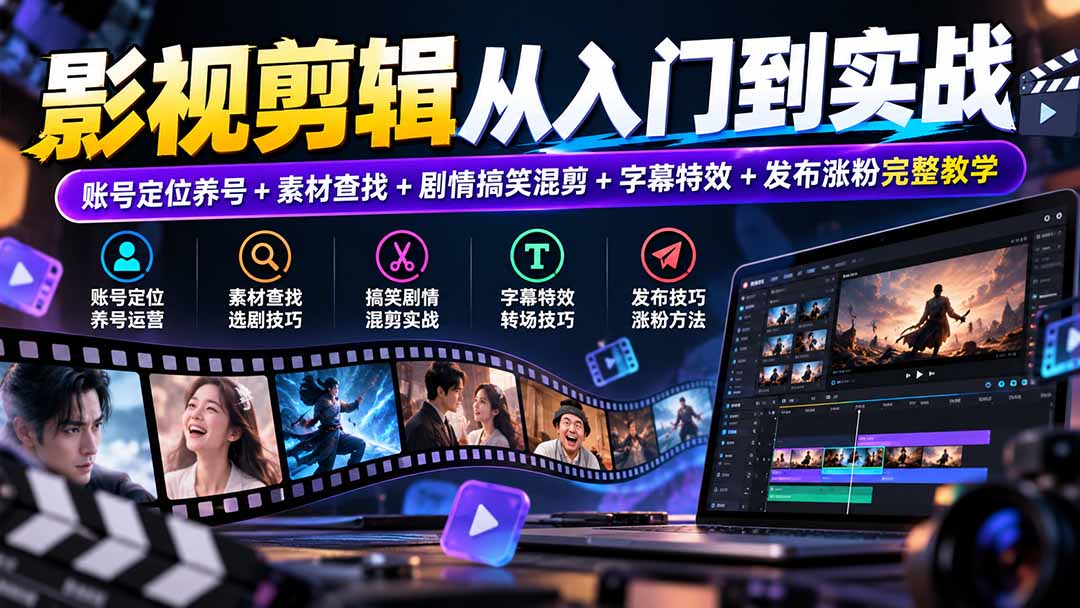 影视剪辑从入门到实战:账号定位养号+素材查找+剧情搞笑混剪+字幕特效+发布涨粉完整教学-我爱发帖