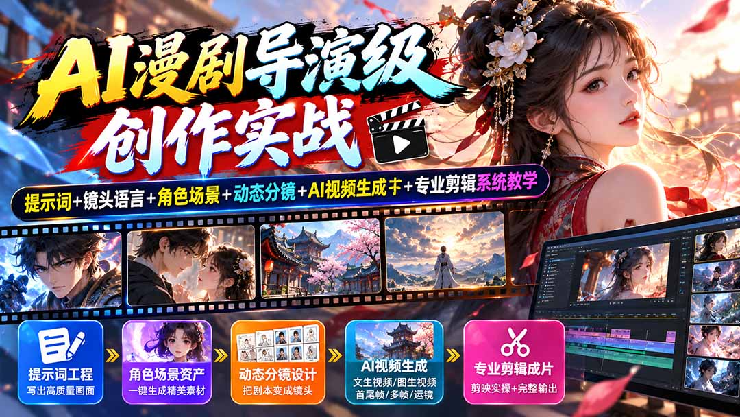 AI漫剧导演级创作实战：提示词+镜头语言+角色场景+动态分镜+AI视频生成+专业剪辑系统教学