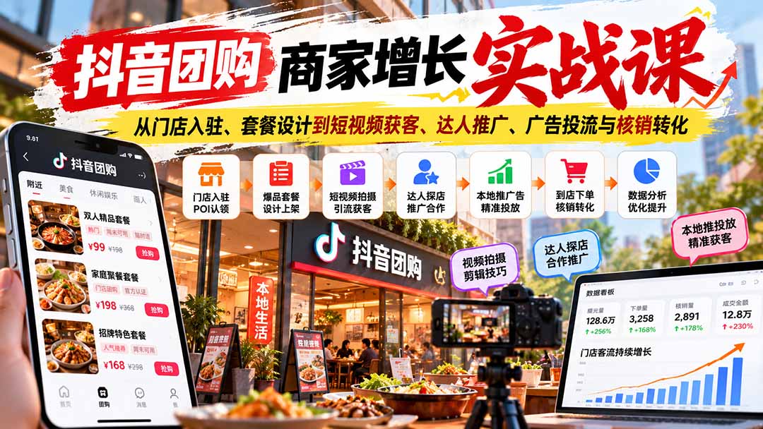 抖音团购商家增长实战课：从门店入驻、套餐设计到短视频获客、达人推广、广告投流与核销转化-我爱发帖