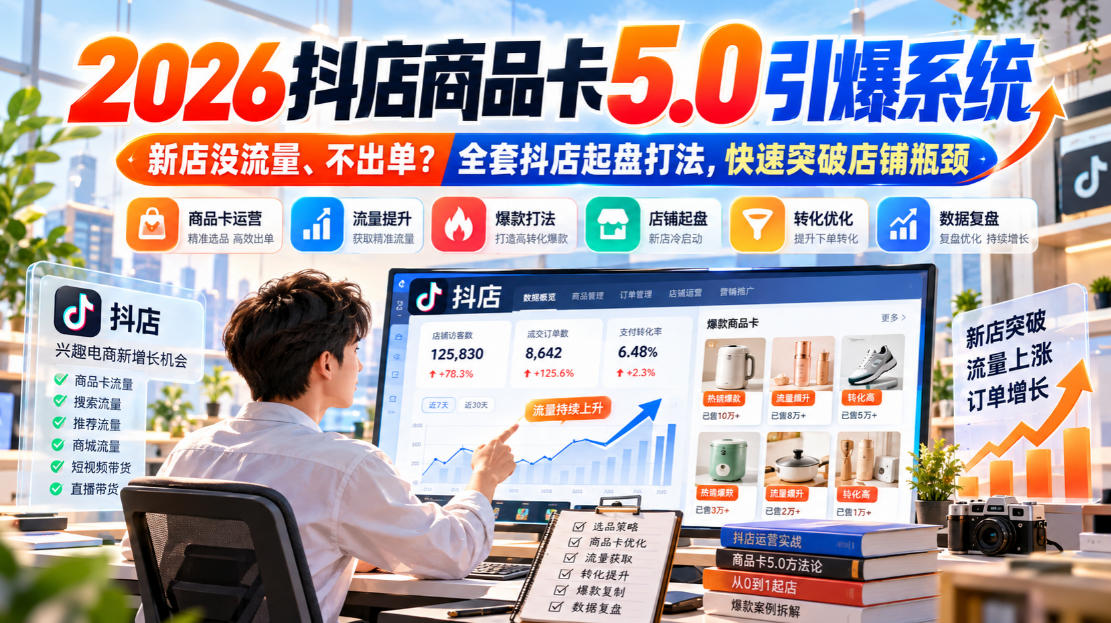 2026抖店商品卡5.0引爆店铺流量,新店没流量、不出单?全套抖店起盘打法,快速突破店铺瓶颈-小红泡