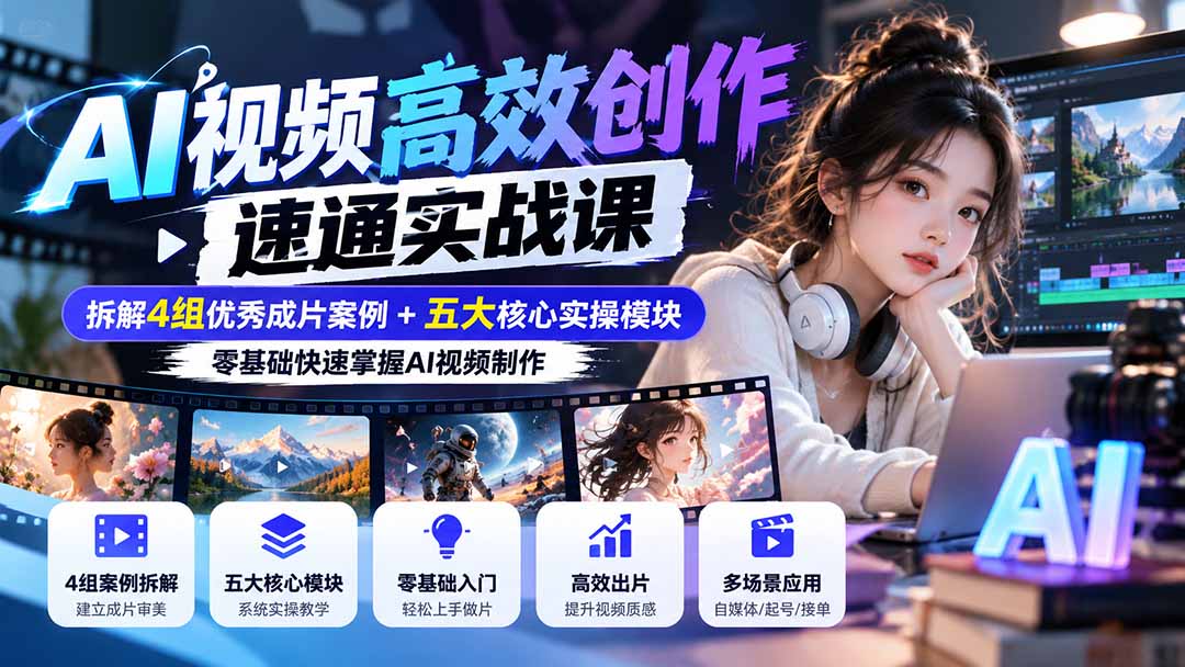 【无水印】AI视频高效创作速通实战课:拆解4组优秀成片案例+五大核心实操模块,零基础快速掌握AI视频制作-我爱发帖