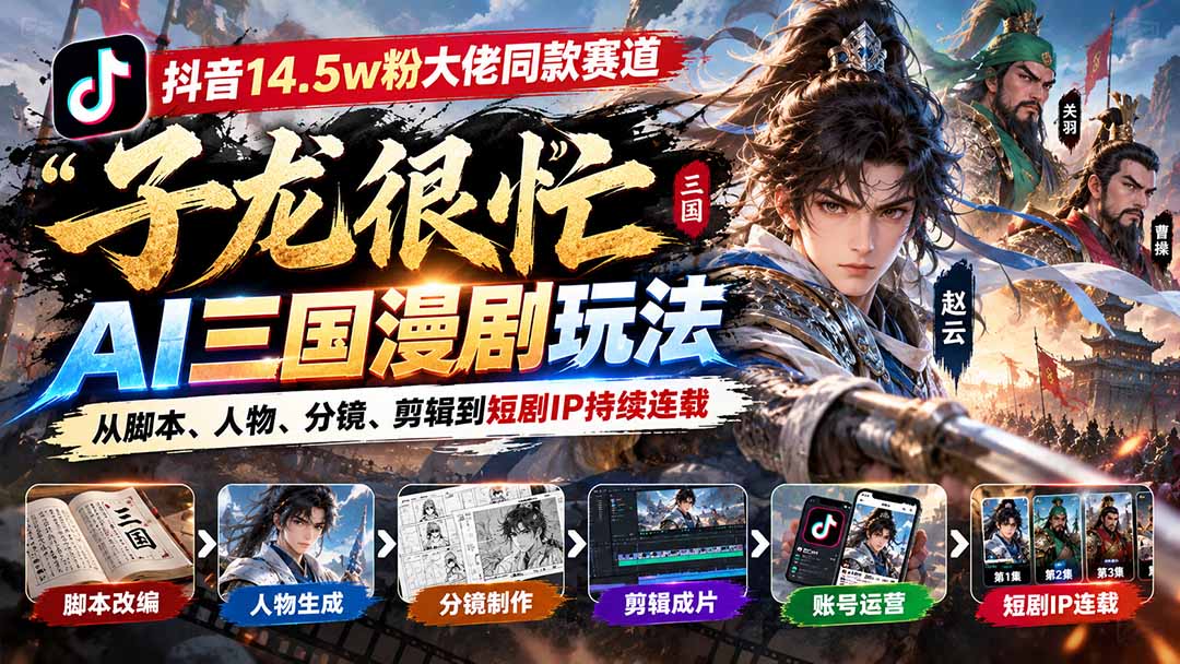 抖音14.5w粉大佬同款赛道「子龙很忙」AI三国漫剧玩法:从脚本、人物、分镜、剪辑到短剧IP持续连载-我爱发帖