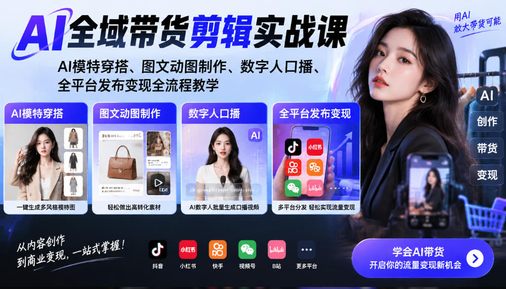 AI全域带货剪辑实战课|AI模特穿搭、图文动图制作、数字人口播、全平台发布变现全流程教学-我爱发帖