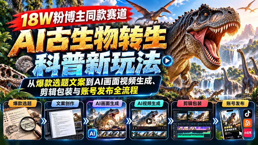 18W粉博主同款赛道-AI古生物转生科普新玩法:从爆款选题文案到AI画面视频生成、剪辑包装与账号发布全流程-我爱发帖