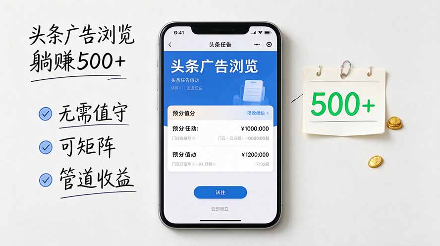 头条广告浏览躺赚500+无需值守，可矩阵并附有管道收益-我爱发帖