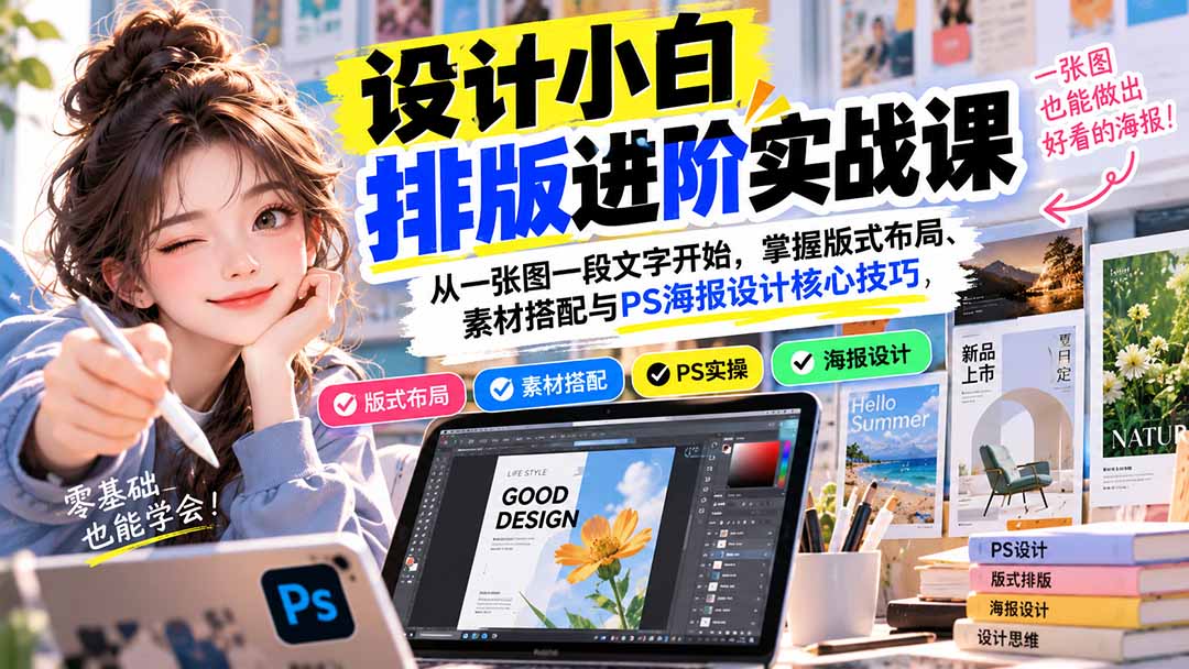 设计小白排版进阶实战课：从一张图一段文字开始，掌握版式布局、素材搭配与PS海报设计核心技巧-我爱发帖