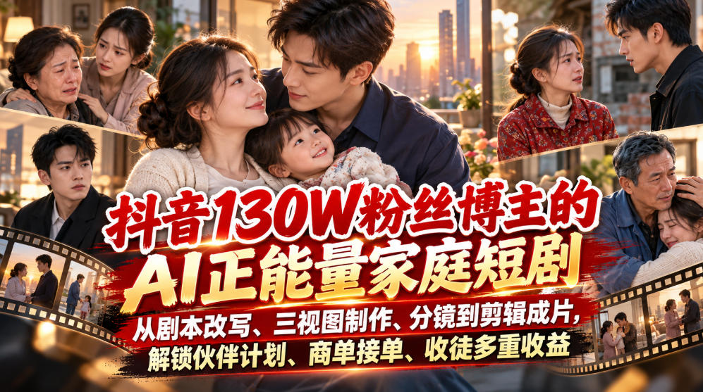 抖音130W粉丝博主的AI正能量家庭短剧,从剧本改写、三视图制作、分镜到剪辑成片,解锁伙伴计划、商单接单、收徒多重收益(更新1007)-我爱发帖