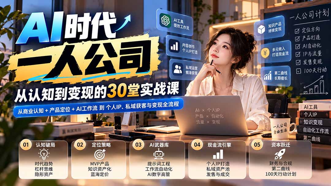 【无水印】AI时代一人公司30堂实战课:从商业认知+产品定位+AI工作流到个人IP、私域获客与变现全流程-我爱发帖