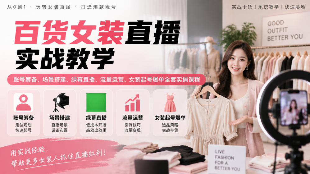 百货女装直播实战教学｜账号筹备、场景搭建、绿幕直播、流量运营、女装起号爆单全套实操课程-我爱发帖
