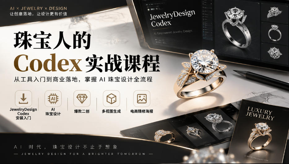 珠宝人的Codex实战课程｜JewelryDesign Codex安装入门、AI珠宝设计、爆款二创、多视图生成、电商精修海报全链路教学-我爱发帖