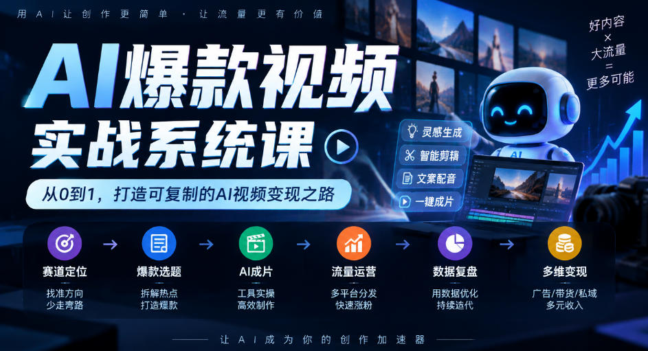 AI爆款视频实战系统课|赛道定位、爆款选题、AI成片、流量运营、数据复盘、多维变现全链路教学-我爱发帖