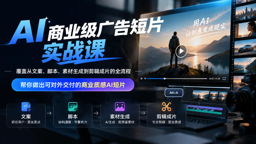 AI商业级广告短片实战课，覆盖从文案、脚本、素材生成到剪辑成片的全流程，帮你做出可对外交付的商业质感AI短片-我爱发帖