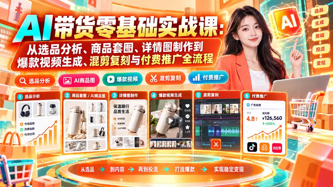AI带货零基础实战课：从选品分析、商品套图、详情图制作到爆款视频生成、混剪复刻与付费推广全流程-我爱发帖