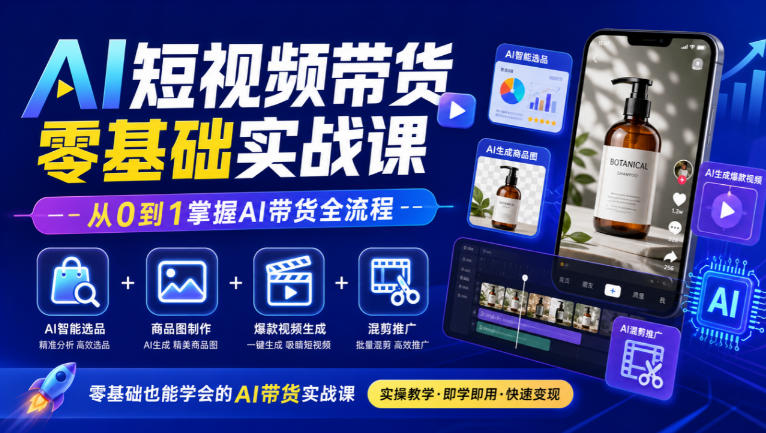 AI短视频带货零基础实战课|AI智能选品+商品图制作+爆款视频生成+混剪推广,从0到1掌握AI带货全流程