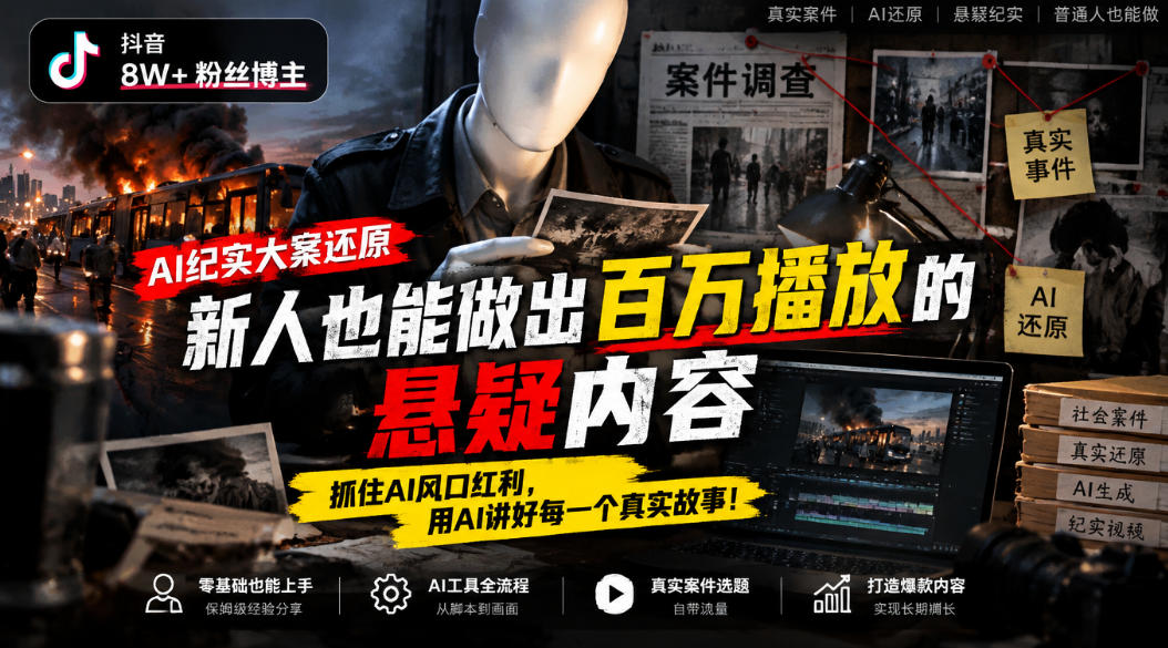 抖音8W粉丝博主的AI纪实大案还原教学，新人也能做出百W播放的悬疑内容，抓住AI风口红利，用AI讲好每一个真实故事-我爱发帖