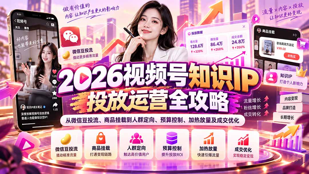 2026视频号知识IP投放运营全攻略：从微信豆投流、商品挂载到人群定向、预算控制、加热放量及成交优化-我爱发帖