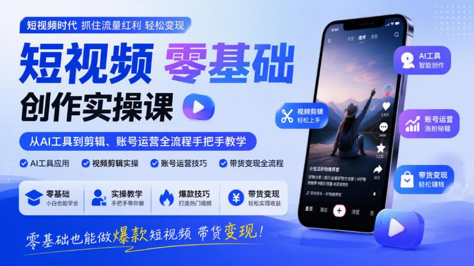 短视频零基础创作实操课,从AI工具到剪辑、账号运营全流程手把手教学,零基础也能做爆款短视频带货变现-我爱发帖