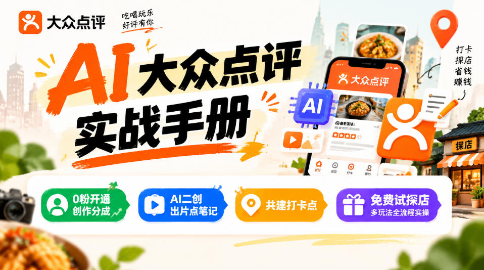 某局的AI大众点评实战手册,0粉开通创作分成、AI二创出片点笔记、共建打卡点、免费试探店多玩法全流程实操-我爱发帖