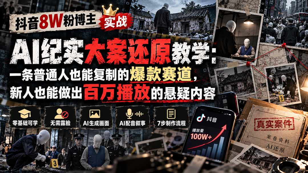 抖音8W粉博主AI纪实大案还原教学：一条普通人也能复制的爆款赛道，新人也能做出百万播放的悬疑内容-我爱发帖