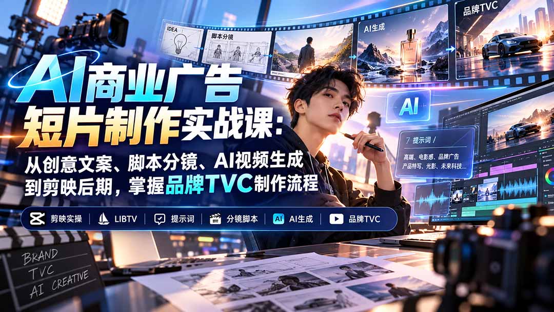 AI商业广告短片制作实战课：从创意文案、脚本分镜、AI视频生成到剪映后期，掌握品牌TVC制作流程网络赚钱,项目资源网,副业资源网,兼职项目,网赚课程-副业赚钱-互联网创业-独家轻创IP大圣网创