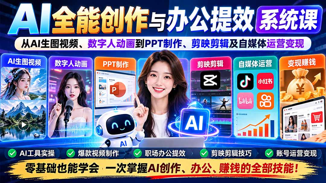 AI全能创作与办公提效系统课:从AI生图视频、数字人动画到PPT制作、剪映剪辑及自媒体运营变现-旺仔资源库