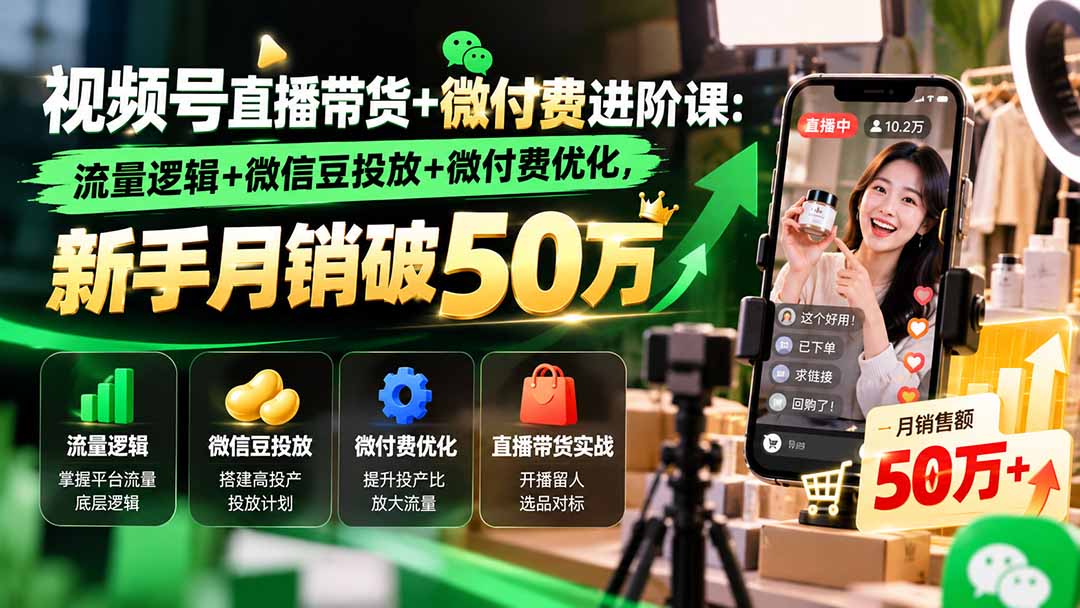 视频号直播带货+微付费进阶课-更新1010：流量逻辑+微信豆投放+微付费优化，新手月销破50万-我爱发帖