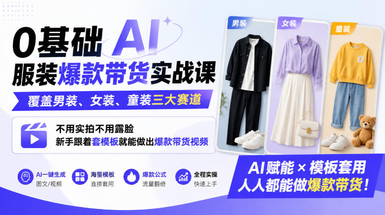 0基础AI服装爆款带货实战课｜覆盖男装、女装、童装三大赛道，不用实拍不用露脸，新手跟着套模板就能做出爆款带货视频(更新1010)｜焦圣希 18818568866