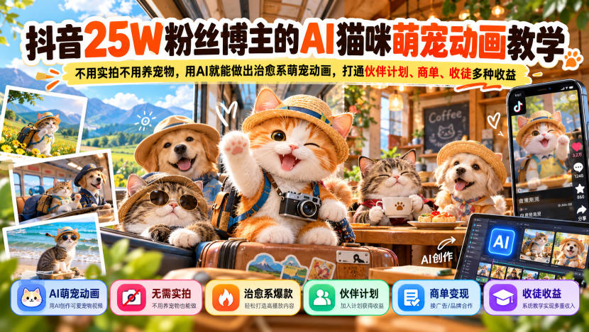 抖音25W粉丝博主的AI猫咪萌宠动画教学，不用实拍不用养宠物，用AI就能做出治愈系萌宠动画，打通伙伴计划、商单、收徒多种收益-我爱发帖