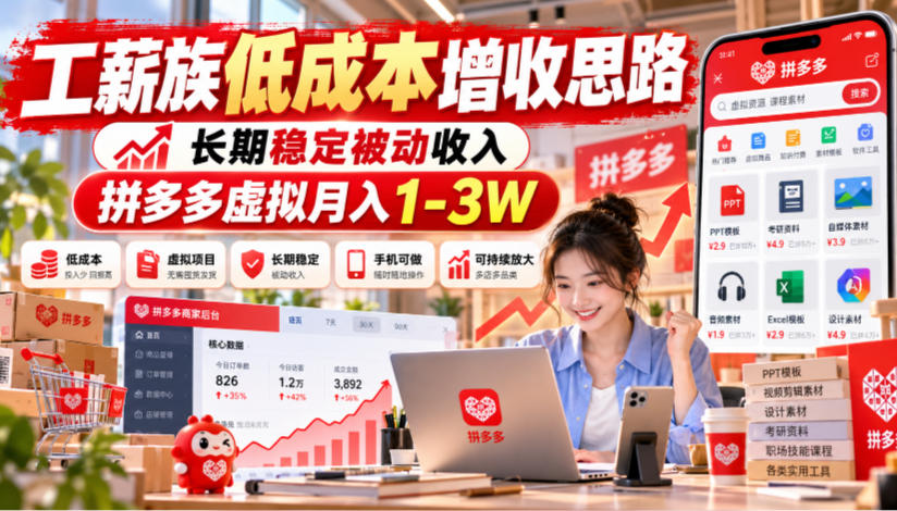 工薪族低成本增收思路，长期稳定被动收入，拼多多虚拟月入1-3W-我爱发帖
