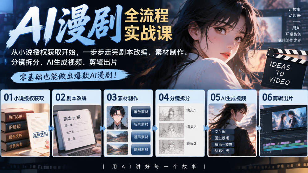 AI漫剧全流程实战课｜从小说授权获取开始，一步步走完剧本改编、素材制作、分镜拆分、AI生成视频、剪辑出片全流程｜焦圣希 18818568866