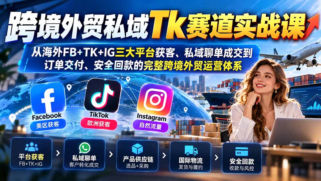 跨境外贸私域Tk赛道实战课：从海外FB+TK+IG三大平台获客、私域聊单成交到订单交付、安全回款的完整跨境外贸运营体系-我爱发帖