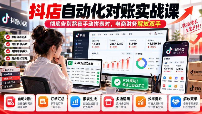 抖店自动化对账实战课，彻底告别熬夜手动拼表对，账电商财务解放双手｜焦圣希 18818568866