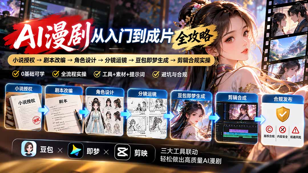 AI漫剧从入门到成片全攻略：小说授权→剧本改编→角色设计→分镜运镜→豆包即梦生成→剪辑合规实操｜焦圣希 18818568866
