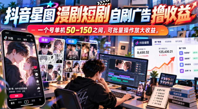 抖音星图漫剧短剧自刷广告撸收益，一个号单机50-150之间，可批量操作放大收益-我爱发帖