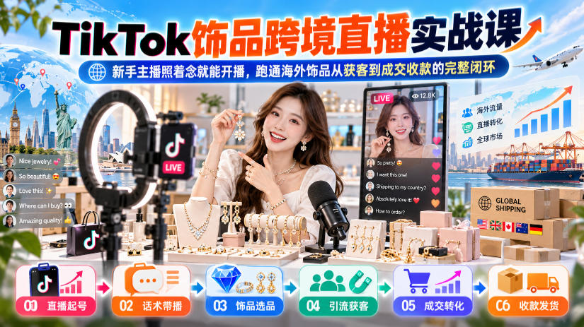 TikTok饰品跨境直播实战课，新手主播照着念就能开播，跑通海外饰品从获客到成交收款的完整闭环-我爱发帖