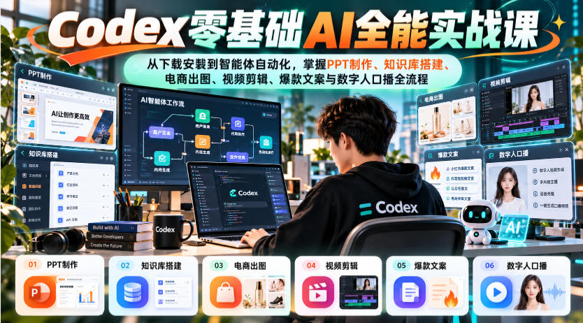 Codex零基础AI全能实战课:从下载安装到智能体自动化,掌握知识库搭建、电商出图、视频剪辑、爆款文案与数字人口播全流程-我爱发帖