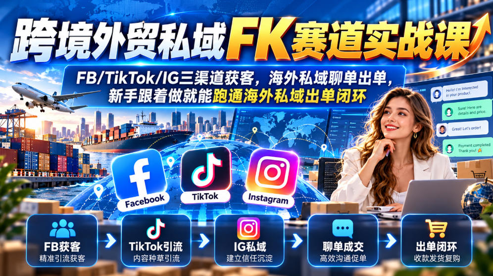 跨境外贸私域FK赛道实战课|FB/TikTok/IG三渠道获客,海外私域聊单出单,新手跟着做就能跑通海外私域出单闭环-我爱发帖