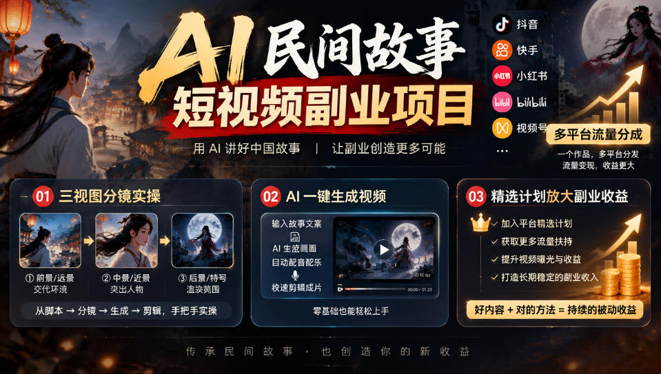 AI民间故事短视频副业项目，多平台流量分成，三视图分镜实操，精选计划放大副业收益-我爱发帖